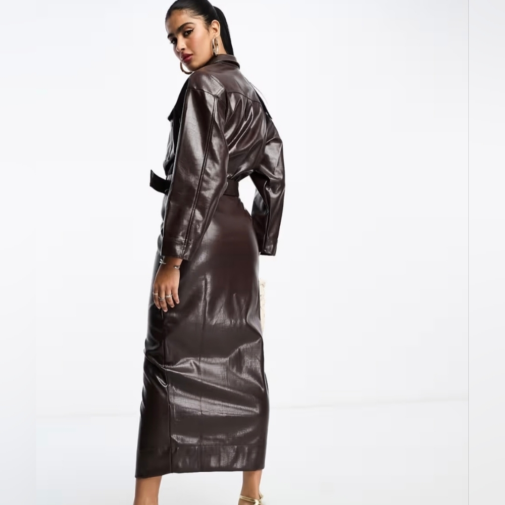 ASOS DESIGN croc leather look button down blouson midi shirt dress in brown